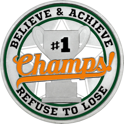Orange "Champs!" with Dark Green Outer Circular Borders